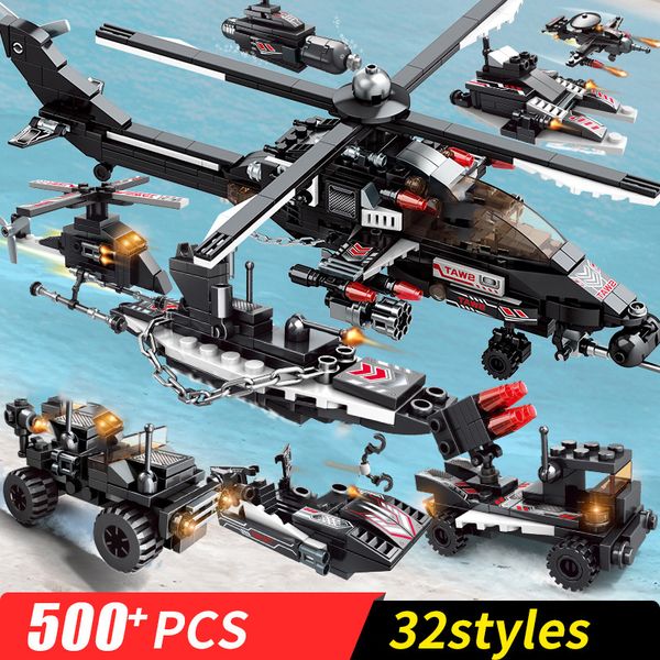 

500 PCS 8 IN 1 Swat Police Building Blocks Children Toys Military Blocks City Bricks Mini Figure Car Aircraft Warship Toy