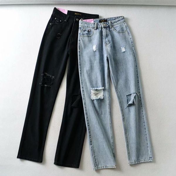 spring autumn fashion high waist hole loose straight pants temperament women jeans 11a061 women's, Blue