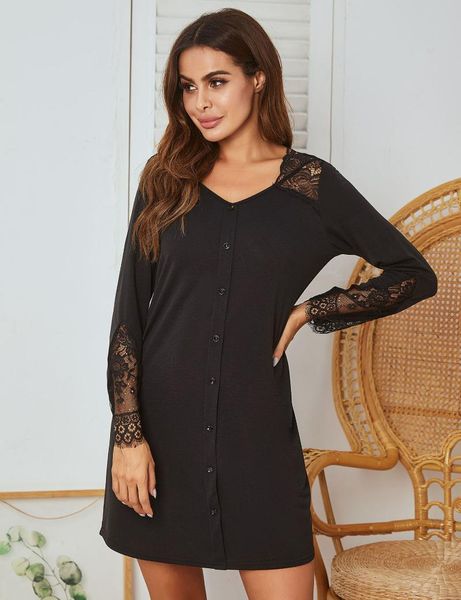 women's sleepwear nightgown long sleeve lace stitching false placket ms in europe and the, Black;red
women's sleepwear nightgown long sleeve lace stitching false placket ms in europe and the, Black;red