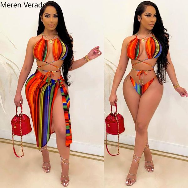 meren verado women multicolor striped beach three 3 piece set crop and panties with tie up skirts bikinis swimsuit women's swimwea, White;black 
meren verado women multicolor striped beach three 3 piece set crop and panties with tie up skirts bikinis swimsuit women's swimwea, White;black