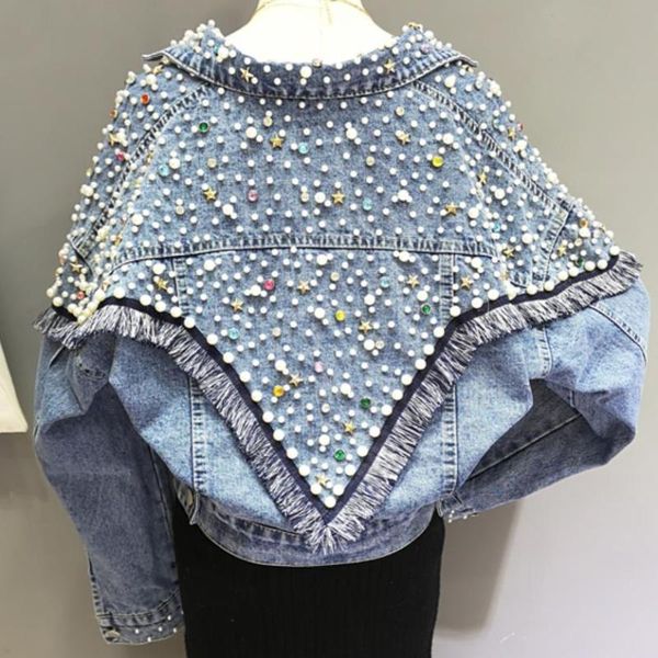 women's jackets short denim jacket women spring and autumn heavy work beaded tassel loose jeans coat, Black;brown
women's jackets short denim jacket women spring and autumn heavy work beaded tassel loose jeans coat, Black;brown