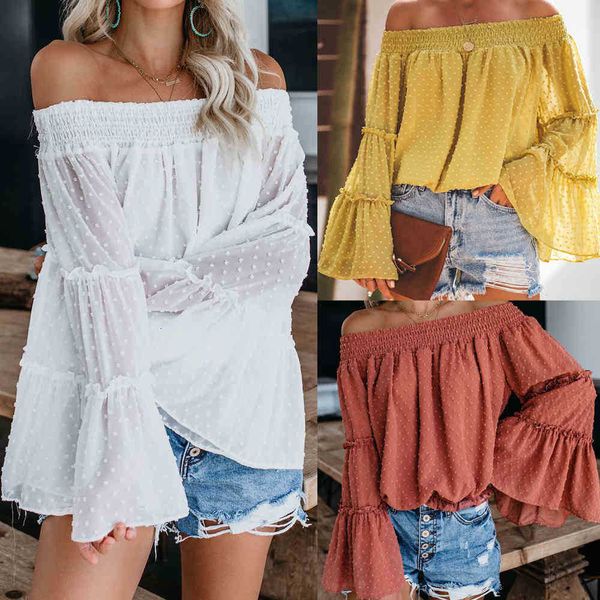 women's t-shirt trumpet shirt casual off shoulder long sleeve dot ruffles lovely women fashion s u5e8, White
women's t-shirt trumpet shirt casual off shoulder long sleeve dot ruffles lovely women fashion s u5e8, White