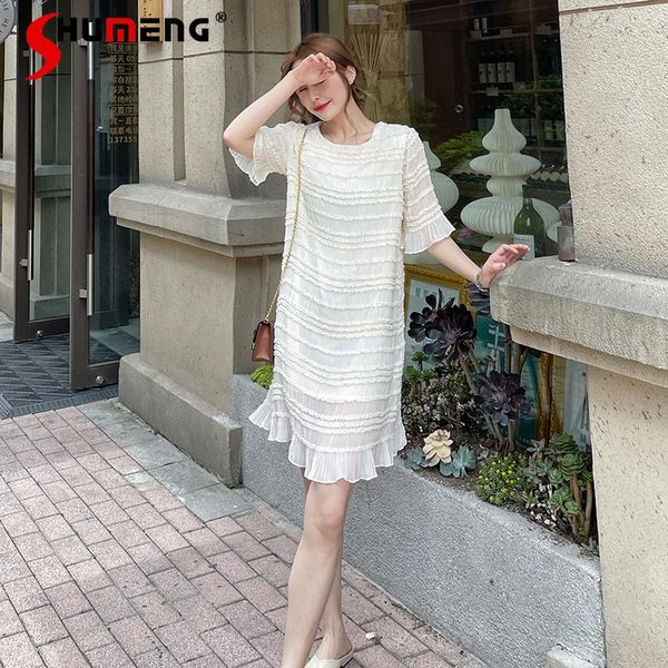 party dresses women's simple elegant pleated round neck midi dress 2021 summer french temperament slim mid-length with ruffles clothing, White;black
party dresses women's simple elegant pleated round neck midi dress 2021 summer french temperament slim mid-length with ruffles clothing, White;black