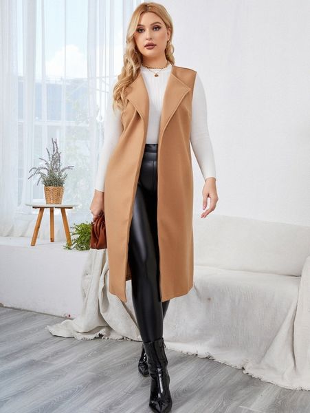 plus waterfall collar vest overcoat without belt 99ev#, Black;gray