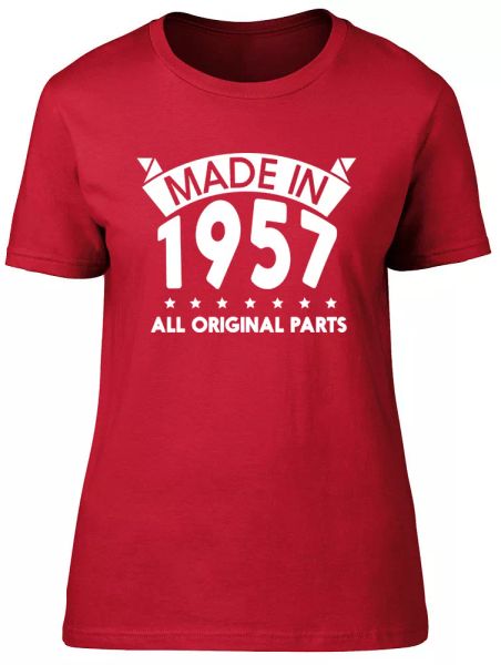 Made in 1957, All Original Parts Birthday Womens Ladies Short Sleeve T-Shirt, White;black
Made in 1957, All Original Parts Birthday Womens Ladies Short Sleeve T-Shirt, White;black