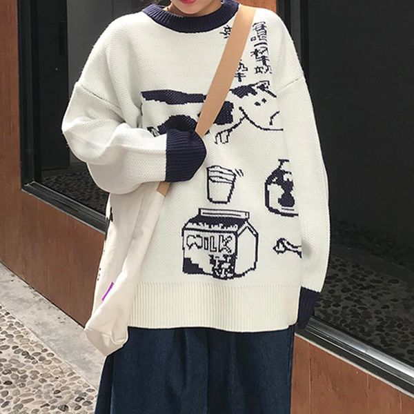 women's sweaters winter knitted sweater cute cow print pattern o-neck oversize loose japanese style college casual, White;black
women's sweaters winter knitted sweater cute cow print pattern o-neck oversize loose japanese style college casual, White;black