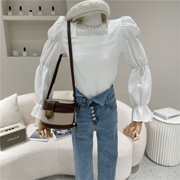 blouses spring summer fashion niche design for women plied square neck skinny bubble shirt, White
blouses spring summer fashion niche design for women plied square neck skinny bubble shirt, White
