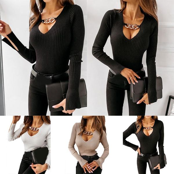women's t-shirt women v neck long sleeve solid color fashion slim casual chain ladies knitted fit, White
women's t-shirt women v neck long sleeve solid color fashion slim casual chain ladies knitted fit, White