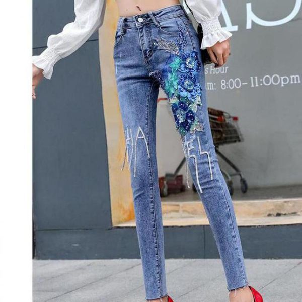 spring autumn female pencil pants embroidered three-dimensional peacock lace jeans high waist was thin fashion women women's, Blue
spring autumn female pencil pants embroidered three-dimensional peacock lace jeans high waist was thin fashion women women's, Blue