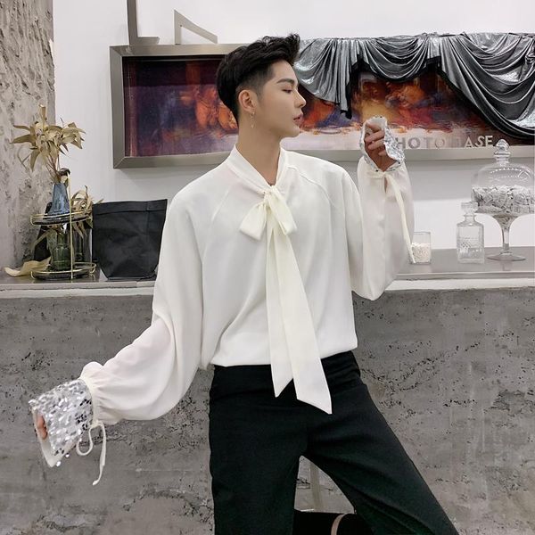 fashion streetwear men sequin long sleeve shirt male casual loose tie bow collar black white party dress stage clothes1, White;black
fashion streetwear men sequin long sleeve shirt male casual loose tie bow collar black white party dress stage clothes1, White;black