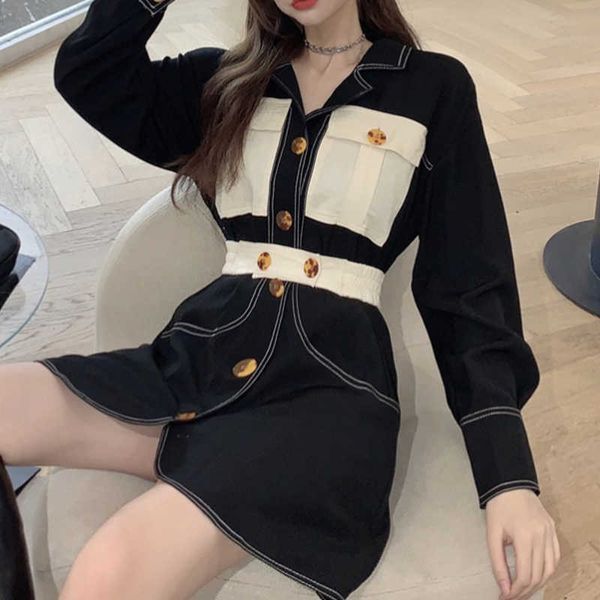 black elegant dres long sleeve mini vintage party female autumn patchwork pocket shirt office lady 210604, Black;gray
black elegant dres long sleeve mini vintage party female autumn patchwork pocket shirt office lady 210604, Black;gray
