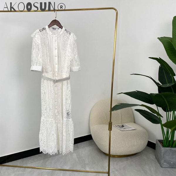 party dresses 2021 summer women elegant solid hook flower hollow short sleeve midi with waist belt high quality, White;black 
party dresses 2021 summer women elegant solid hook flower hollow short sleeve midi with waist belt high quality, White;black