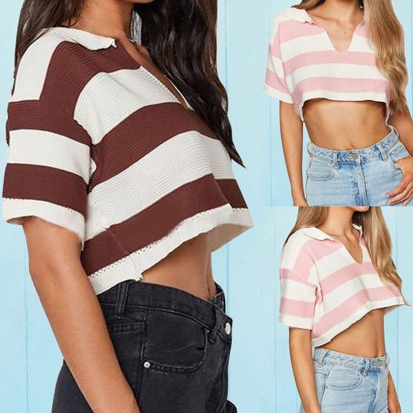 women's t-shirt casual crop women stripe tank blouse short camisole turndown collar sweater knitted sleeve vest loose t-shirts, White
women's t-shirt casual crop women stripe tank blouse short camisole turndown collar sweater knitted sleeve vest loose t-shirts, White