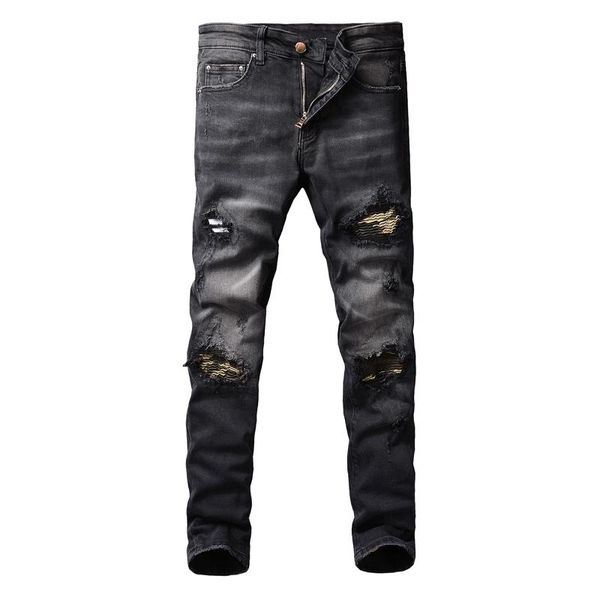 men's jeans american street fashion men retro black gray elastic slim ripped camo patch designer hip hop denim punk pants, Blue
men's jeans american street fashion men retro black gray elastic slim ripped camo patch designer hip hop denim punk pants, Blue