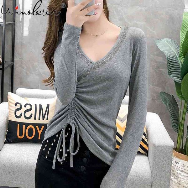 women's t-shirt fall winter european clothes t-shirt v-neck shiny diamonds lace up women ropa mujer long shirt tees t087, White
women's t-shirt fall winter european clothes t-shirt v-neck shiny diamonds lace up women ropa mujer long shirt tees t087, White