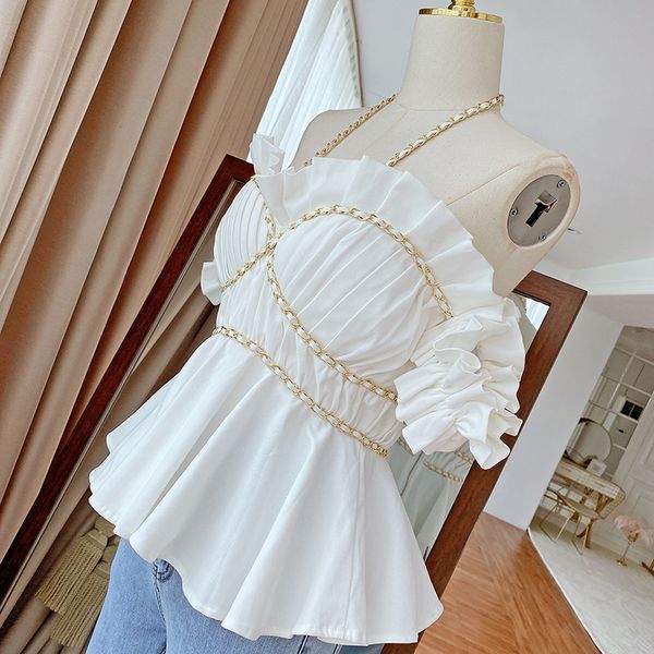 neck hanging chain tube for women outer wear off-shoulder shirt 2021 new fashion elegant blouse solid colour pleated blusas, White
neck hanging chain tube for women outer wear off-shoulder shirt 2021 new fashion elegant blouse solid colour pleated blusas, White