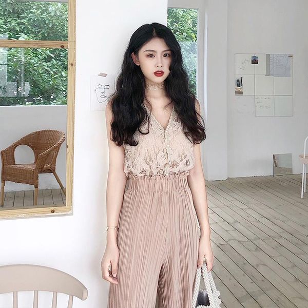 women 2021 summer fashion two-piece suits female v-neck lace sleeveless ladies thin loose wide leg pants sets k177 women's two piece, White
women 2021 summer fashion two-piece suits female v-neck lace sleeveless ladies thin loose wide leg pants sets k177 women's two piece, White