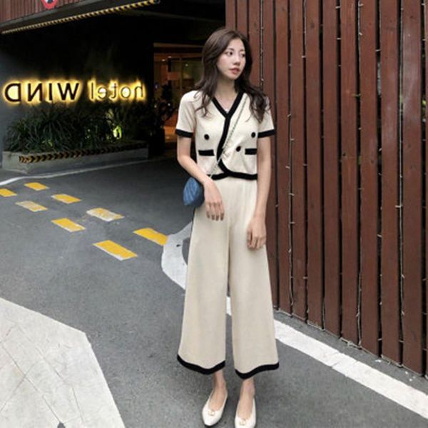 women's two piece pants summer casual knitting set women v-collar double-breasted short + chic elastic waist wide leg splicing suit, White
women's two piece pants summer casual knitting set women v-collar double-breasted short + chic elastic waist wide leg splicing suit, White