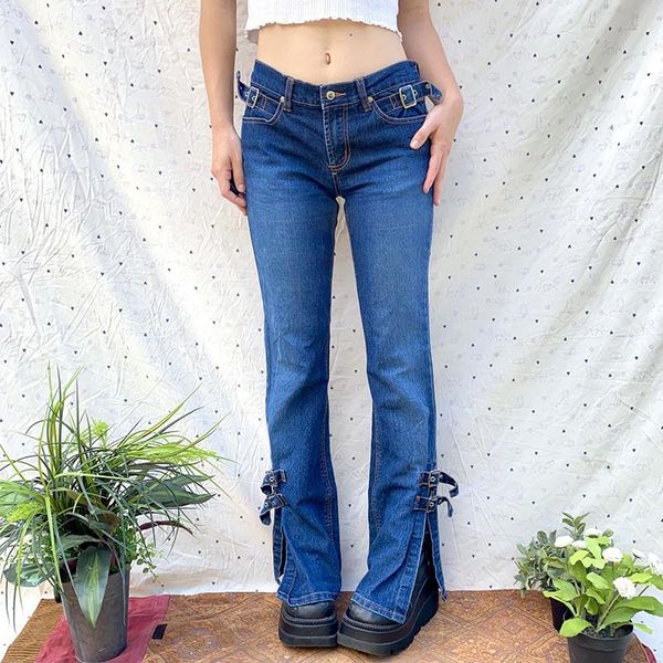 women's jeans korean low rise streetwear women split side indie denim trousers buckle 90s urban style distressed pants y2k aesthetic, Blue 
women's jeans korean low rise streetwear women split side indie denim trousers buckle 90s urban style distressed pants y2k aesthetic, Blue