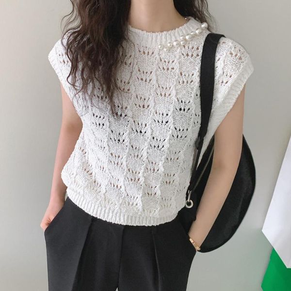 women's t-shirt pearl hollow knit korean style simple loose t-shirts woman casual o-neck solid sleeveless tees lady summer 2021, White
women's t-shirt pearl hollow knit korean style simple loose t-shirts woman casual o-neck solid sleeveless tees lady summer 2021, White