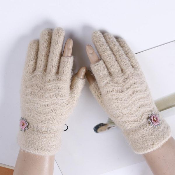 five fingers gloves arrive solid color exposed finger flower decorations women ladies winter sknitting warm fs0480, Blue;gray
five fingers gloves arrive solid color exposed finger flower decorations women ladies winter sknitting warm fs0480, Blue;gray