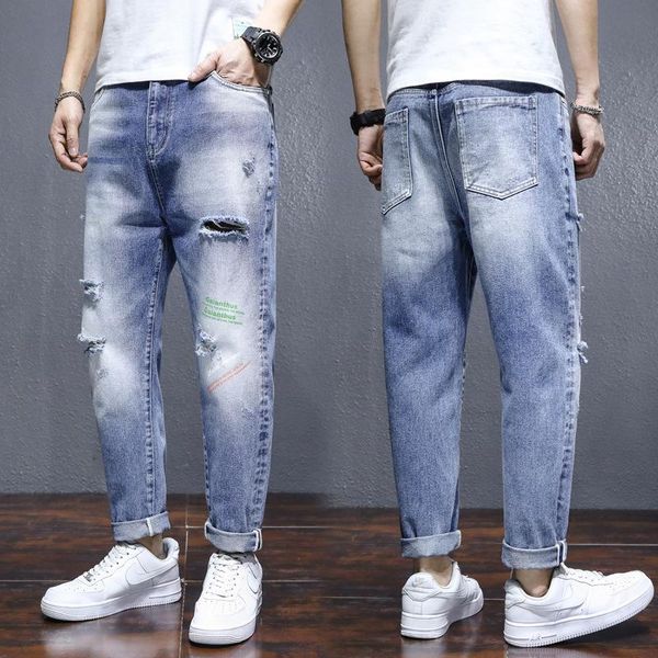 men's jeans 2021 spring/summer casual trend travel daily straight pants cropped korean style ripped fashion jean, Blue
men's jeans 2021 spring/summer casual trend travel daily straight pants cropped korean style ripped fashion jean, Blue