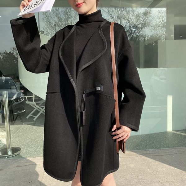 women's wool & blends autumn winter european leather woven edging double-sided cashmere blend coat sweet and elegant cardigan, Black
women's wool & blends autumn winter european leather woven edging double-sided cashmere blend coat sweet and elegant cardigan, Black