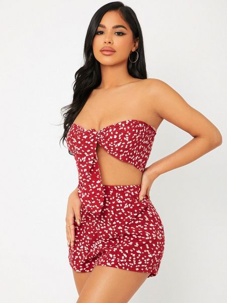 petite allover print knot front crop tube & shorts m6h2#, White 
petite allover print knot front crop tube & shorts m6h2#, White
