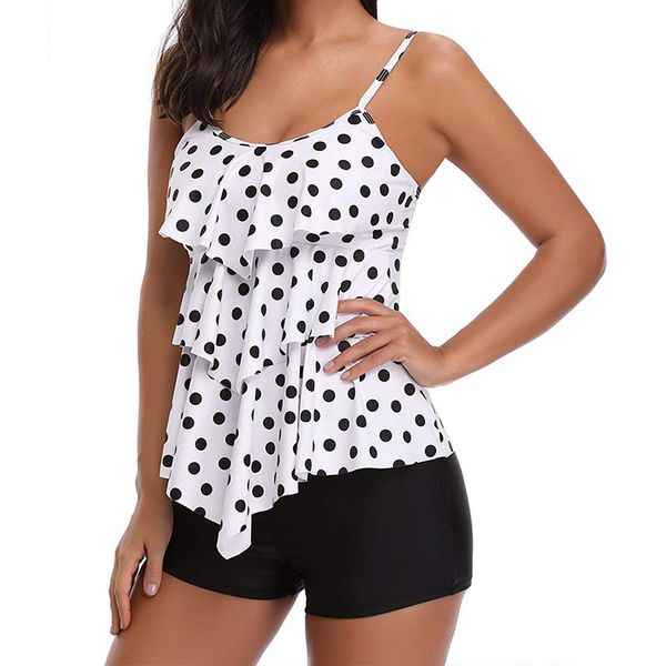 Women' Bikini Swimwear Fashion 3-layer Ruffle Boxer Sports Split Tankini, Black spots on white background
Women' Bikini Swimwear Fashion 3-layer Ruffle Boxer Sports Split Tankini, Black spots on white background