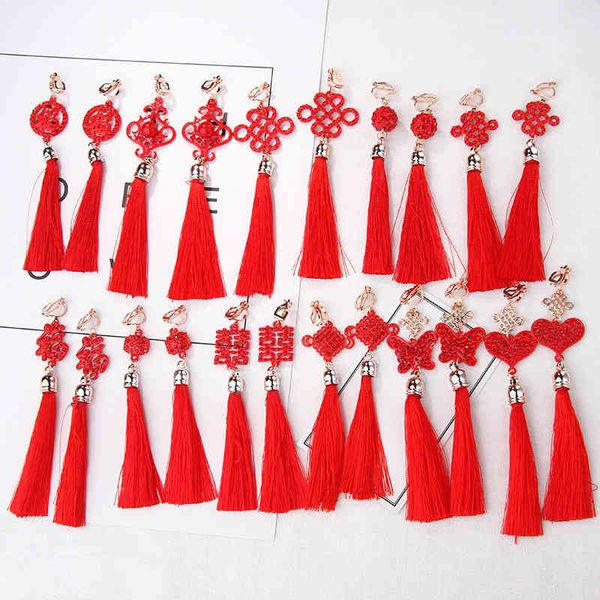 ear clip style knot red tassel earrings, Silver
ear clip style knot red tassel earrings, Silver