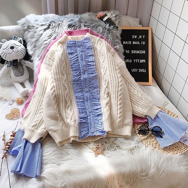 women's sweaters knitwear o-neck sweater women loose korean knit cropped pullovers patchwork ruffles jumper 2021 fall woman clothes sue, White;black
women's sweaters knitwear o-neck sweater women loose korean knit cropped pullovers patchwork ruffles jumper 2021 fall woman clothes sue, White;black