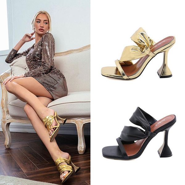women soft golden slippers mule 9.5cm high heels sandals flip flops square head strappy slides party prom shoes, Black
women soft golden slippers mule 9.5cm high heels sandals flip flops square head strappy slides party prom shoes, Black