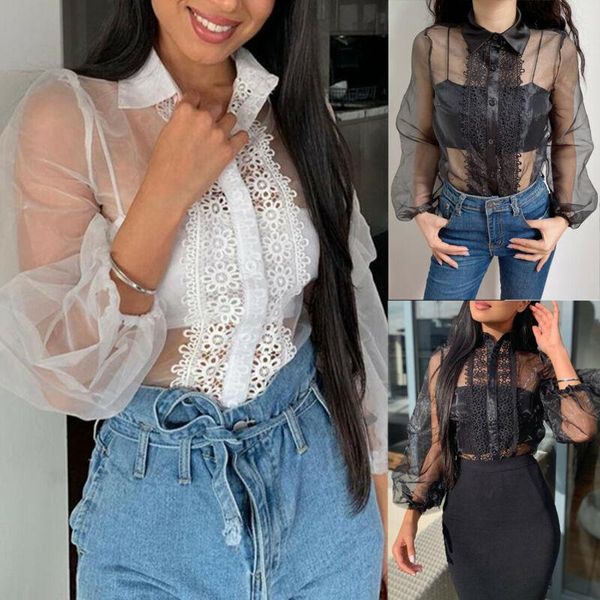 women long puff sleeve shirts sheer mesh button lace blouses casual female single breasted see through loose solid women's &, White
women long puff sleeve shirts sheer mesh button lace blouses casual female single breasted see through loose solid women's &, White