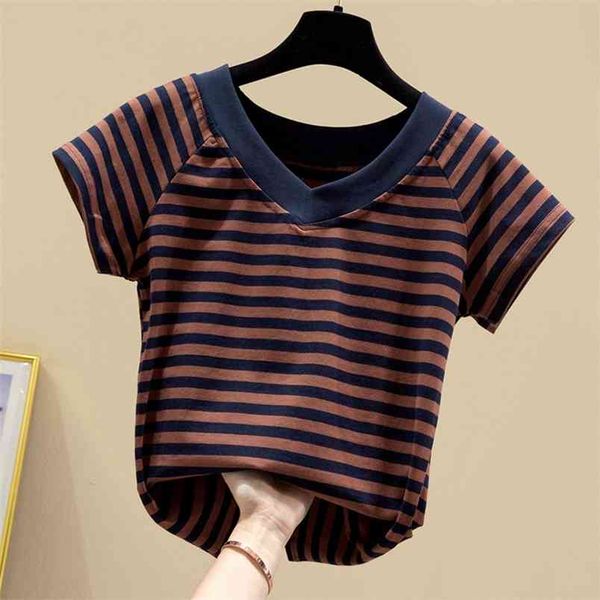 t shirt women short sleeve striped tshirt summer cotton t-shirt v-neck tee shirt femme white plus size 210507
t shirt women short sleeve striped tshirt summer cotton t-shirt v-neck tee shirt femme white plus size 210507
