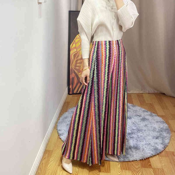 dresses miyake stripe print pleated casual wide leg full lenghth pants, White