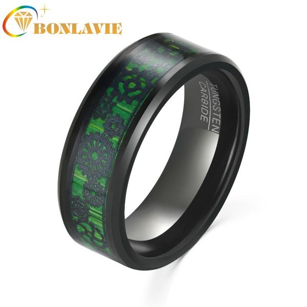 wedding rings bonlavie 8mm electric black inlaid with green carbon fiber and gear pattern tungsten steel ring men jewellery, Slivery;golden 
wedding rings bonlavie 8mm electric black inlaid with green carbon fiber and gear pattern tungsten steel ring men jewellery, Slivery;golden
