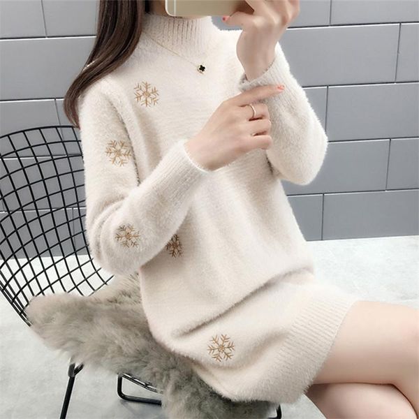women's sweaters autumn winter mid long half high collar faux mink cashmere sweater women pullover loose embroidery turtleneck female, White;black
women's sweaters autumn winter mid long half high collar faux mink cashmere sweater women pullover loose embroidery turtleneck female, White;black