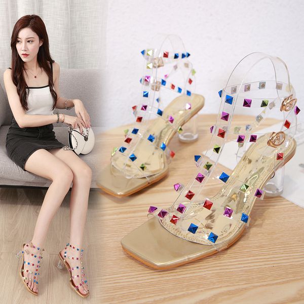 color rivet one line with transparent thick high heel open toe roman sandal's summer, Black
color rivet one line with transparent thick high heel open toe roman sandal's summer, Black