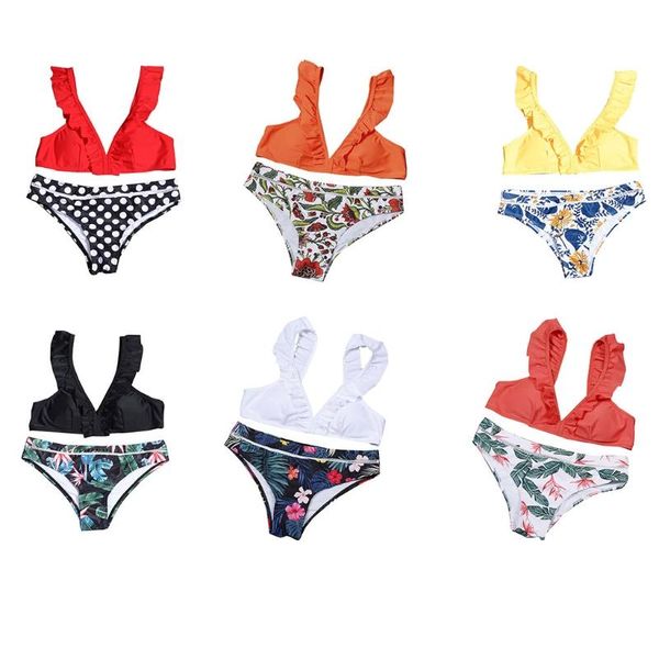 women's swimwear women beachwear 2 pieces bikini set ruffle backless bra printing thong swimsuit bathing suit, White;black
women's swimwear women beachwear 2 pieces bikini set ruffle backless bra printing thong swimsuit bathing suit, White;black