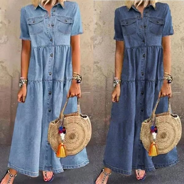 long solid denim pleated short sleeve shirt dress fashion new style summer casual splicing cardigan vintage dresses, Black
long solid denim pleated short sleeve shirt dress fashion new style summer casual splicing cardigan vintage dresses, Black