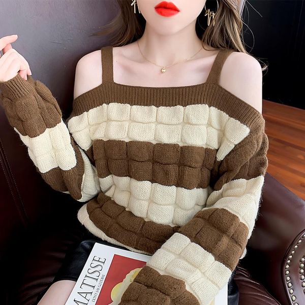 women's sweaters fashion knitted 2021 autumn and winter retro lazy style striped loose one-shoulder long-sleeved sweater clothing, White;black
women's sweaters fashion knitted 2021 autumn and winter retro lazy style striped loose one-shoulder long-sleeved sweater clothing, White;black