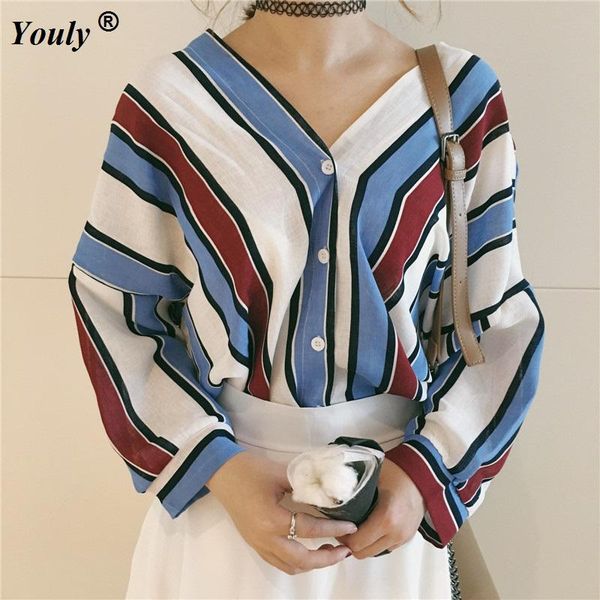 women's blouses & shirts casual women blouse three quarter sleeve loose striped v-neck korea bats shirt blue red yellow and green, White
women's blouses & shirts casual women blouse three quarter sleeve loose striped v-neck korea bats shirt blue red yellow and green, White