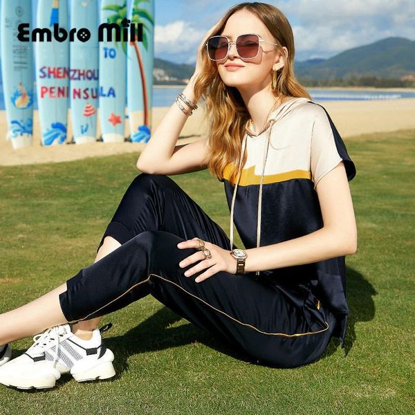 women's t-shirt fashion contrast color acetate suit summer short-sleeved hooded + high-waist casual pants s-xl, White
women's t-shirt fashion contrast color acetate suit summer short-sleeved hooded + high-waist casual pants s-xl, White