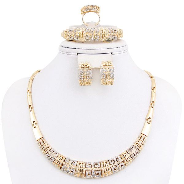 designer jewelry set necklace earrings ring and bracelet with shiny rhinestone gold metal hollow out 4 in one set wholesale, Black
designer jewelry set necklace earrings ring and bracelet with shiny rhinestone gold metal hollow out 4 in one set wholesale, Black