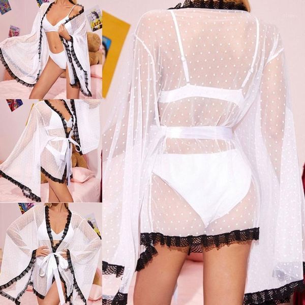 women long sleeve swimsuit cover up polka dot print sheer mesh lingerie kimono robe lace trim tie front cardigan women's swimwear, White;black
women long sleeve swimsuit cover up polka dot print sheer mesh lingerie kimono robe lace trim tie front cardigan women's swimwear, White;black