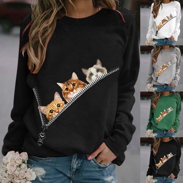 european and american 2021 spring and autumn new cat print fashion women's sweater, White
european and american 2021 spring and autumn new cat print fashion women's sweater, White