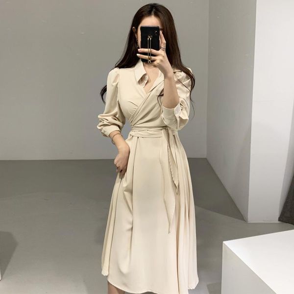 casual dresses 2021 women's lace lapel dress long sleeve shirt ladies spring and summer mid-length vestidos, Black;gray 
casual dresses 2021 women's lace lapel dress long sleeve shirt ladies spring and summer mid-length vestidos, Black;gray