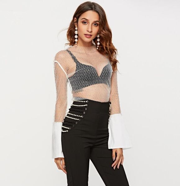 women's blouses & shirts black white see through mesh blouse summer autumn beads flare long sleeve o-neck night club party shirt cloth
women's blouses & shirts black white see through mesh blouse summer autumn beads flare long sleeve o-neck night club party shirt cloth