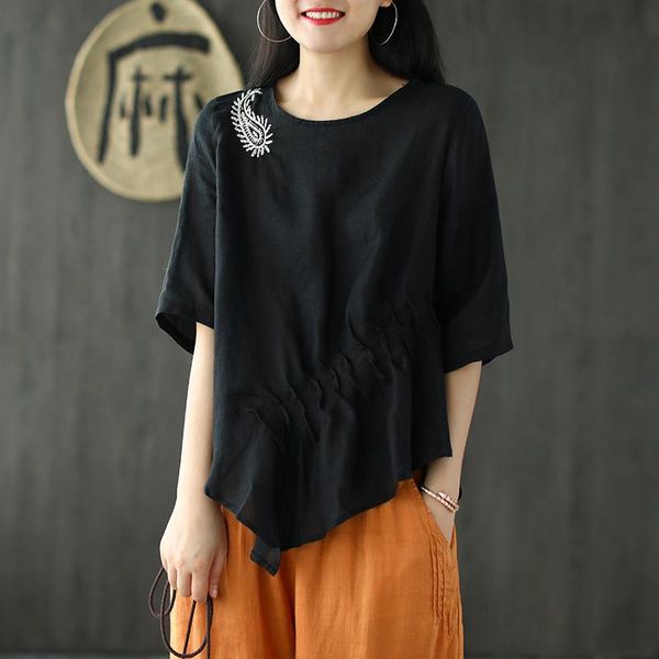 women's blouses & shirts ramie embroidered doll shirt summer literary loose irregular hem pullover ladies, White
women's blouses & shirts ramie embroidered doll shirt summer literary loose irregular hem pullover ladies, White