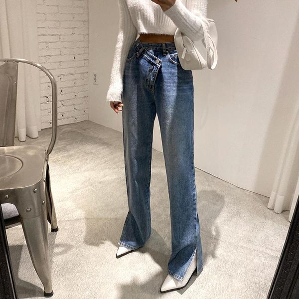 korean fashion casual asymmetrical high-waisted jeans women's trousers split straight 2021 summer clothing, Blue